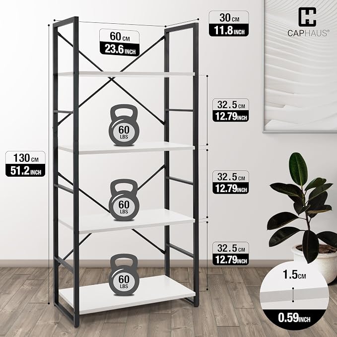 CAPHAUS 4 Tier Bookshelf, 24 Inch Width Free Standing Shelf, Bookcase Shelf Storage Organizer, Industrial Book Shelves for Home Office, Living Room, Kitchen, White Shelves & Metal Frame