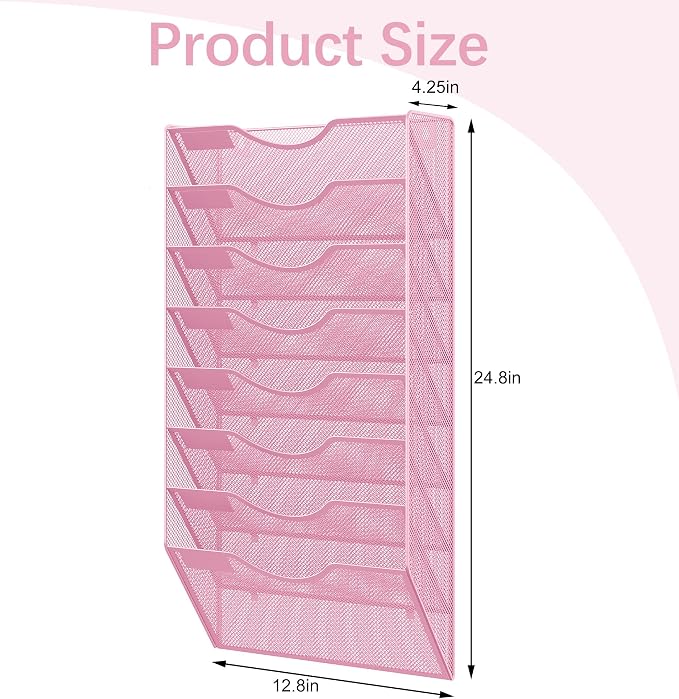 EasyPAG 8 Pocket Mesh Wall File Organizer, Hanging Paper Folder Holder with Classify Label, Vertical Wall Mount Mail Organizer for Office Home Classroom, Pink
