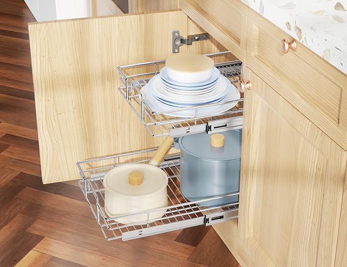 LOVMOR Individual Pull Out Cabinet Organizer, 2 Tier Cabinet Drawers Slide Out, Pots and Pans Organizer and Storage Pantry Shelf for Kitchen (20" W x 21" D)