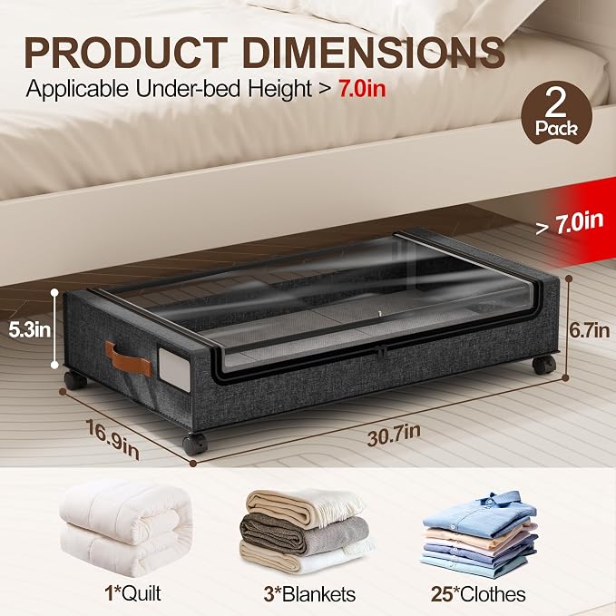 LAMU Under Bed Storage with Wheels, 2 Pack Under Bed Storage Containers with Clear Lid, XXL 60 L Underbed Storage Bins, Rolling Under Bed Metal Drawers for Clothes, Blankets, Shoes, Hemp Grey