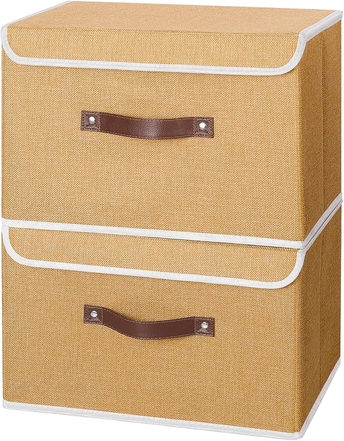 ANMINY 2PCS Storage Bins with Lid PU Leather Handles Storage Boxes PP Plastic Board Decorative Foldable Lidded Cotton Linen Fabric Home Cubes Baskets Closet Organizer Containers - Khaki, Large Size