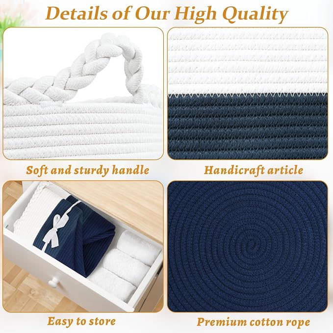 67L Large Woven Blanket Basket, Cotton Rope Baby Laundry Hamper with Handles, Kids Toy Basket for Classroom & Nursery, Soft Round Stuffed Animal Storage, Dog Toy Bin - 20"x13", Dark Blue