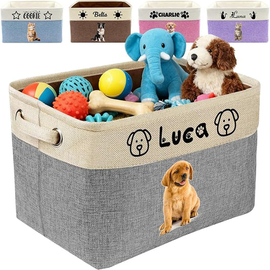 Customized Pet Toy Storage Basket - Personalized Dog & Cat Toy Organizer with Name, Foldable & Durable Fabric Bin for Pet Supplies, Organizer for Toys, Coats, Clothing, Blankets Grey