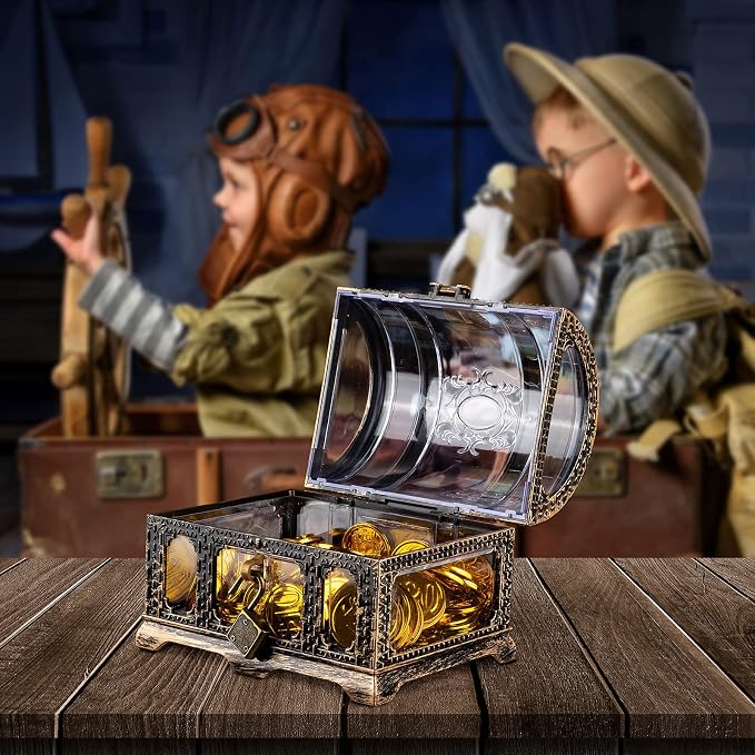 Kids Transparent Antique Pirate Treasure Chest,Plastic Treasure Chest for Pirate Party