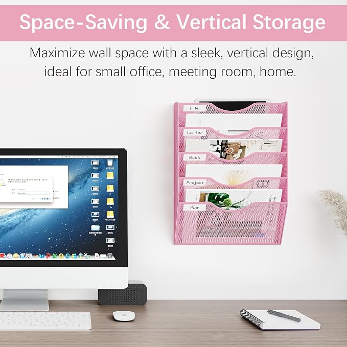 EasyPAG Wall File Organizer 5 Tier Hanging Paper Folder Holder, Zero Assembly Metal Mesh Wall Mounted Mail Organizer for Office Home Classroom Narrow Spaces, Pink