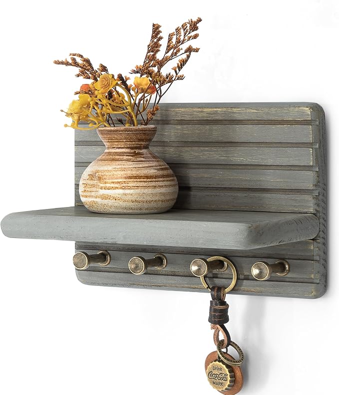 Rebee Vision Pine Wood Key Holder Wall Mount – Mini 7-inch Key Holder for Wall with Wooden Shelf & 4 Hooks – Rustic Decor for Home, Living Room (Old Gray)