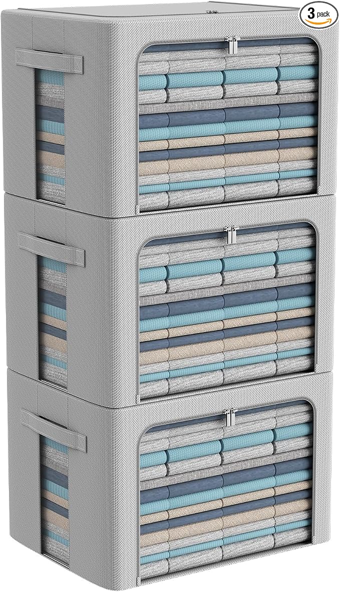 CYhom 3Pack Frame Storage Box - Clothes Storage Bin Bags Oxford Fabric Foldable Stackable Container Organizer Set with Clear Window & Carry Handles Large Capacity (Grey, Large-66L)