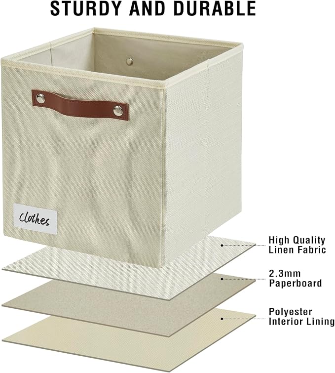 Bagnizer Collapsible Fabric Storage Cube Bins with 2 Reinforced PU Handles, Foldable Storage Organizer Baskets for Closet, Shelves, Living Room | 11"x11"x11", 4 Pack, Full Beige