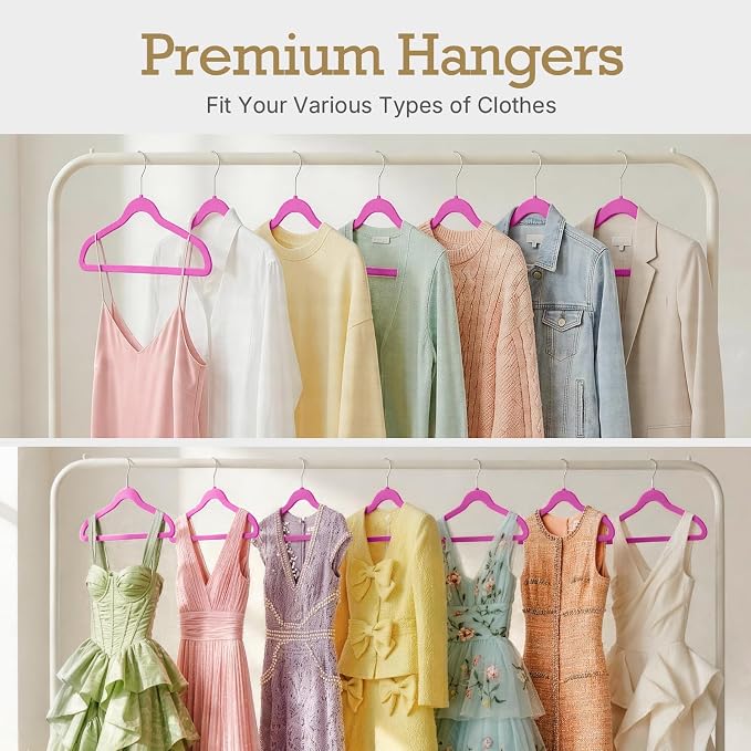 HOUSE DAY Rosy Red Velvet Hangers 60 Pack, Non Slip Clothes Felt Hanger Heavy Duty for Coat, Premium Slim Space Saving Suit Hangers for Closet Organizer, 360° Rotating Silver Hook