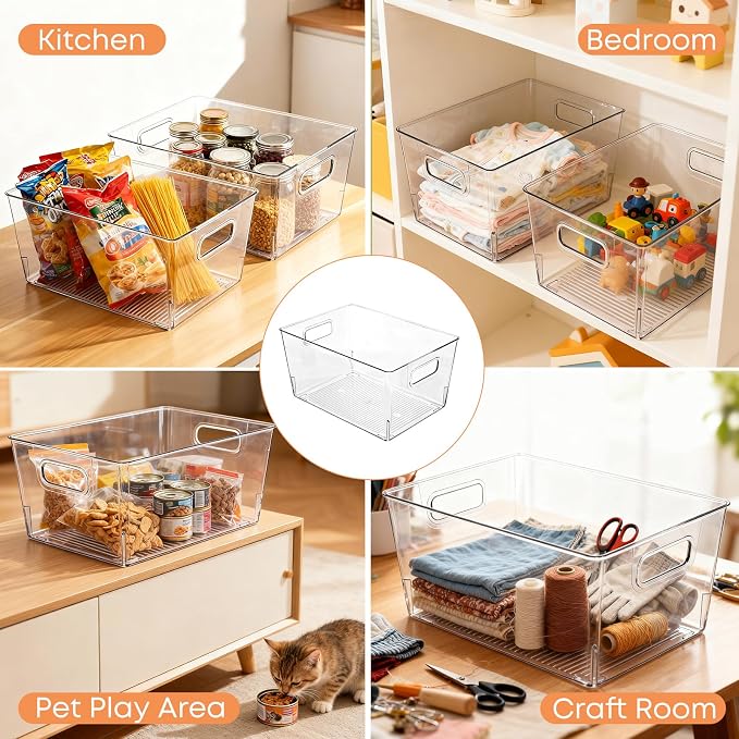 MOONEDGE Clear Plastic Storage Organizer Bins for Home Organization | Clear Bins for Organizing, Pantry Organizers and Storage, Kitchen, Fridge, Bathroom, Cabinet, Closet, Under-Sink, Laundry