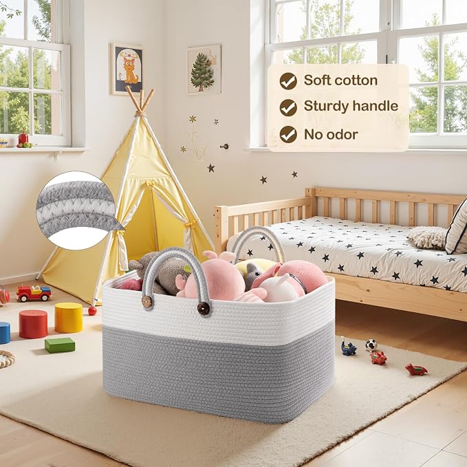 OIAHOMY 75L Large Blanket Basket, 22”x17”x12” Rectangle Woven Baskets For Storage, Nursery Blanket Storage Living Room, Toy Box With Long Handle-Gradient Grey With White