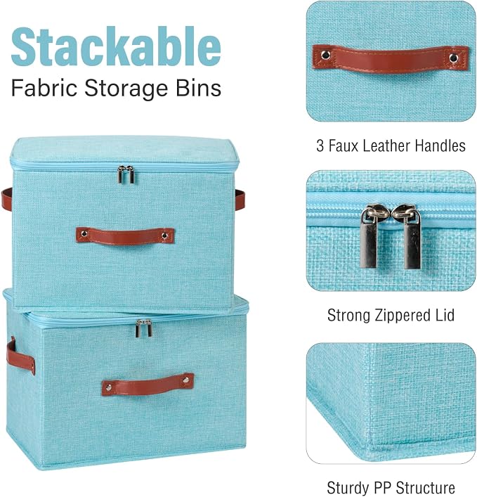 Storage Bin Box with Zippered Lid Cotton Linen Fabric Decorative Basket with PU Leather Handles PP Plastic Board Foldable Lidded Clothing Shelf Closet Organizer Container (Blue, Large)