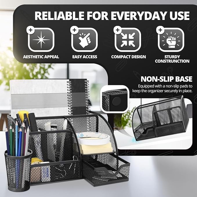 Flexzion Desk Caddy Organizer Set (Black) - Metal Mesh Desktop Caddy with Drawers, 6 Compartments, and Pencil Holder for Women & Men - Desktop Organizer and Storage for Work or Office Supplies | Compact desktop caddy with separate pen holder; 8.7 x 5.5...