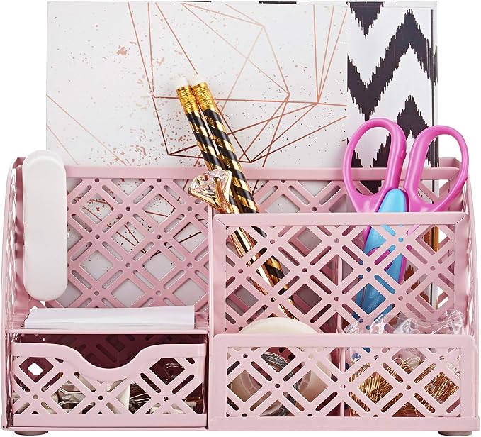 Exerz Desk Organizer Light Pink Office Desk Accessories Supplies Office Storage Desktop Pencil Pen Holder with Drawer Home Workspace