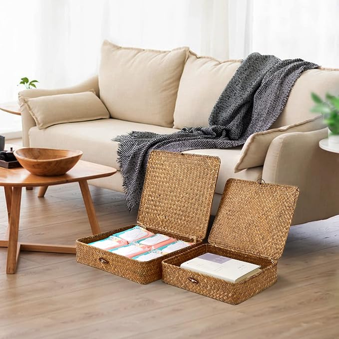 Set of 2 Flat Seagrass Storage Bins with Lid Wicker Storage Baskets for Organizing, Woven Shelf Organizer Bins Home Utility Organizer Box for Home & Office Supplies (Caramel)