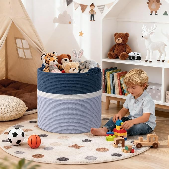 Goodpick 17"x16" Toy Storage for Kids, Home Décor Living Room, Baby Boy Gifts Basket for Nursery Playroom, Soft Woven Cotton Rope Basket for Blankets Pillows Clothes, Blue