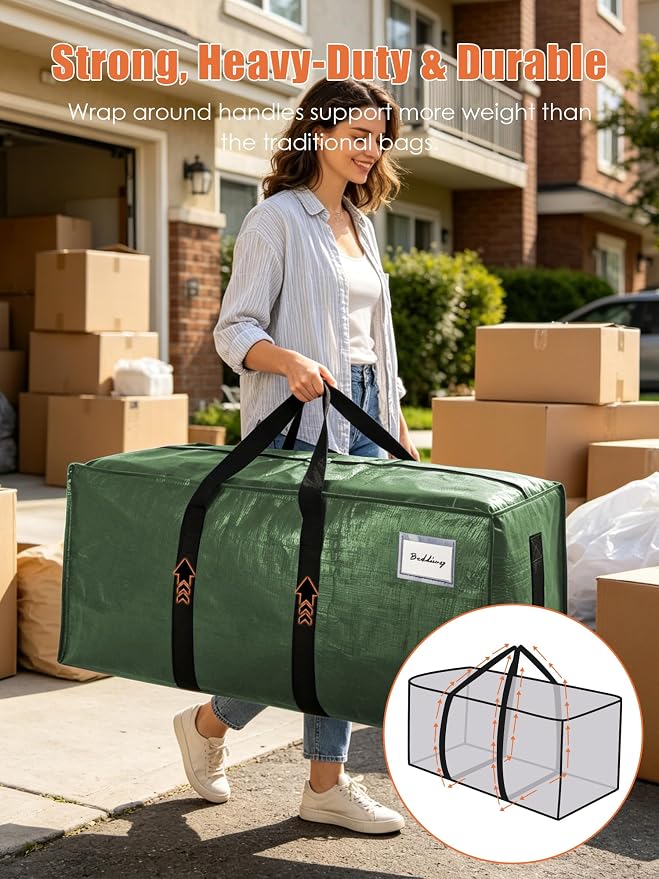 SWEET DOLPHIN 12 Pack 200LB Heavy-Duty Moving Bags with Wrap-Around Handles, Extra Large Storage Totes for Space Saving, Clothes Storage Bags, College Dorm Essentials, Green, 24 Gal