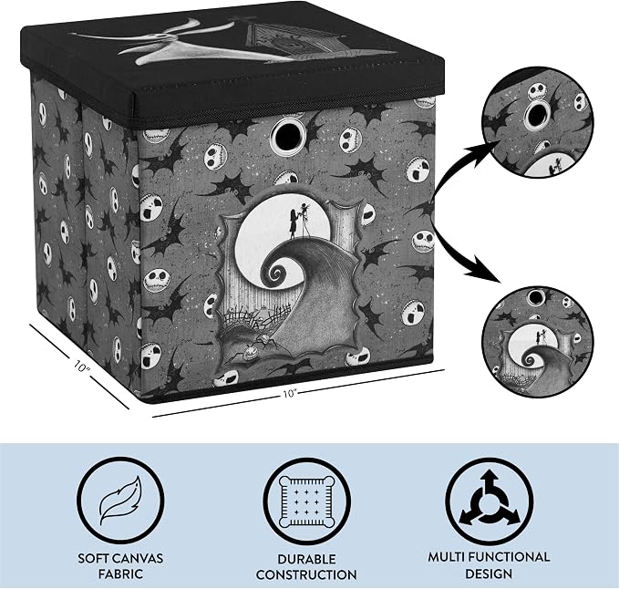 The Nightmare Before Christmas Collapsible Storage Cube with Removable Lid,10"x10"x10" Fabric Organizer Bin for Essentials