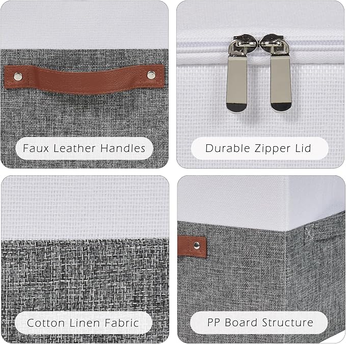 Storage Boxes with Zipper Lid Cotton Linen Fabric Lidded Storage Bins Baskets Foldable Washable Closet Shelf Clothes Organizer Container Faux Leather Handles (Gray White, Large)