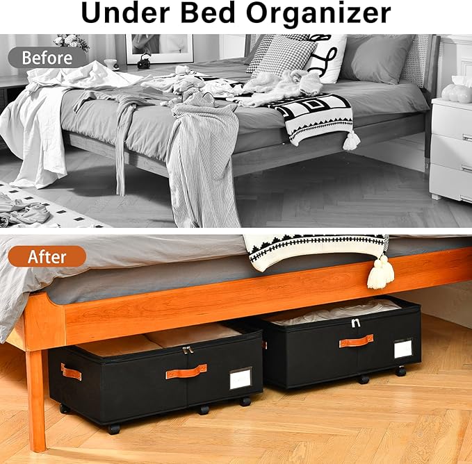 Freebat Under Bed Storage Organizer with Wheels 2 Pack, 10 inches Height Underbed Container with Clear Lid Cover, Storage Bag Box with Visiable Window for Clothes, Bedsheet, Pillow