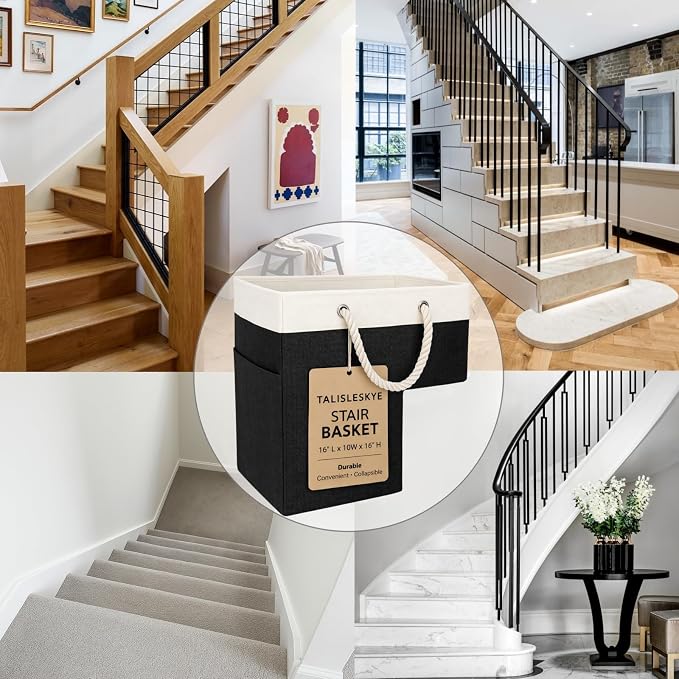 Stair basket,Foldable staircase baskets,Step stairs storage baskets with handle,1pcs black