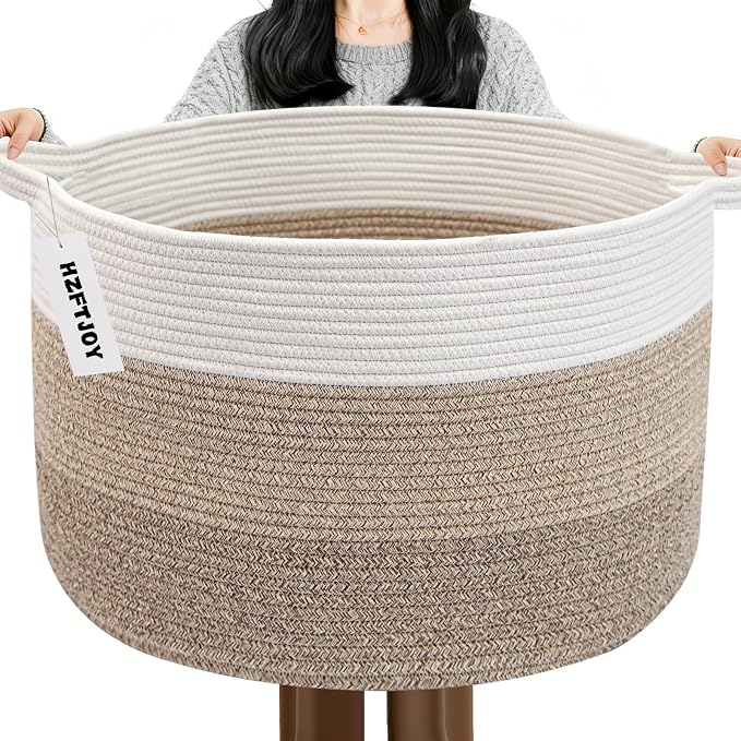 90L Extra Large Blanket Basket,Woven Rope Laundry Basket Hamper with Handles, Decorative Nursery Basket Storage Bin for Toys, Clothes Organizer, Living Room, Bedroom, Bathroom, Brown