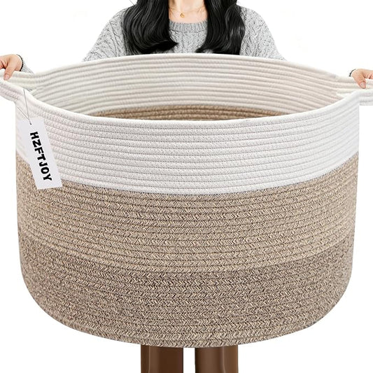 90L Extra Large Blanket Basket,Woven Rope Laundry Basket Hamper with Handles, Decorative Nursery Basket Storage Bin for Toys, Clothes Organizer, Living Room, Bedroom, Bathroom, Brown