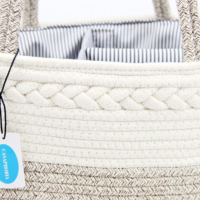 Casaphoria Caddy Organization Woven Cotton Rope Basket storage Caddy or Gift, Soft Circular Basket with Handle, Cotton Material,Light Brown(15.5"x10"x7.5")