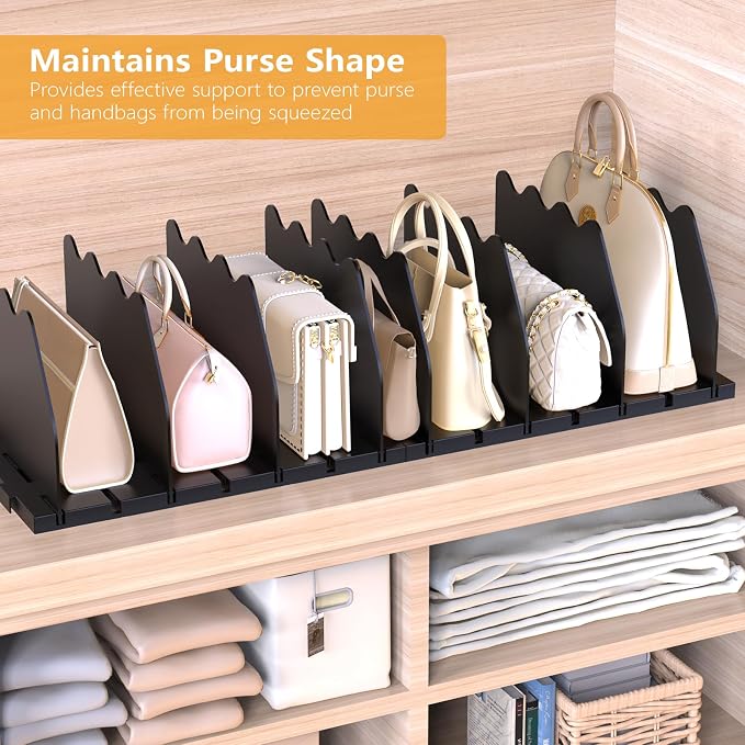 Ronlap Purse Storage Organizer for Closet Black Shelf Dividers Rack, 4 Pack | Black separators keep handbags, totes, clutches & purses upright & visible on shelves for closet storage and organization