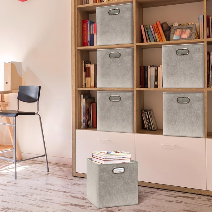 Simple Houseware 11-Inch Collapsible Fabric Cube Storage Bin with Handles, Printed Design, 6 Pack, Gray