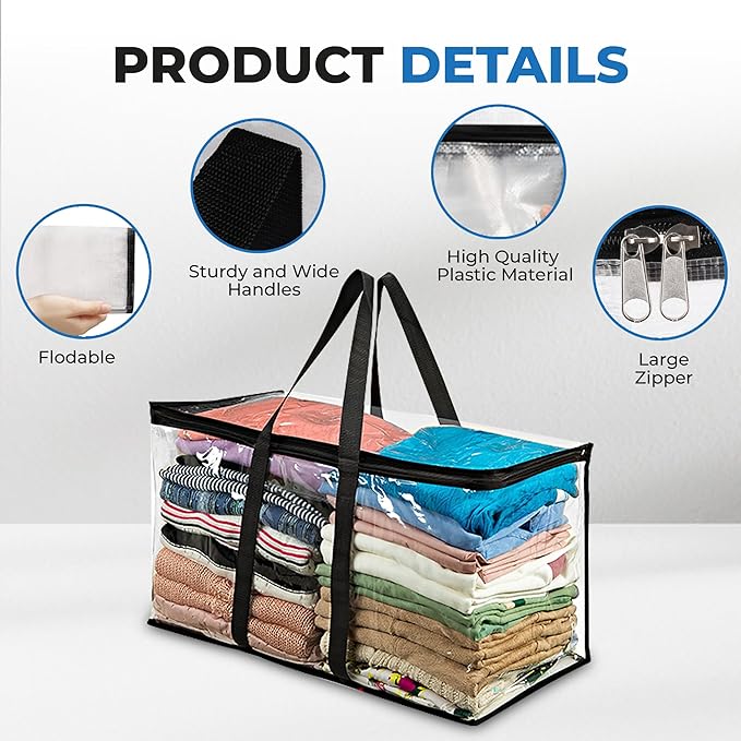 VitalUp 4 Pack Clear Large Moving Bags, Heavy Duty Storage Bags, College Totes, Storage Bins, for Organizing Blankets, Clothing for College, Dorm, Packing, Durable with Zipper and Handle 25x14x12