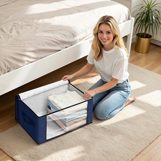 Fab totes 35L Closet Organizers and Storage, Foldable Under Bed Storage Containers, Storage bags for Organizing Bedroom, Closet, Clothing,Organization with Handle (4 Pack,Blue)