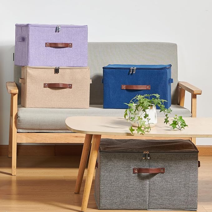 4 Pack Storage Bins with Zipper Lid Cotton Linen Fabric Lidded Storage Baskets Boxes Foldable Washable Closet Shelf Clothes Organizer Container with PU Leather Handles (Deep Blue, Large)