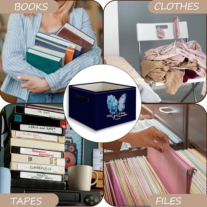 Navy Blue Christian Butterfly Foldable Storage Bins Box with Handles, With God All Things Are Possible Bible Verse Collapsible Organizer Basket for Bedroom Bathroom Clothes Toys Books