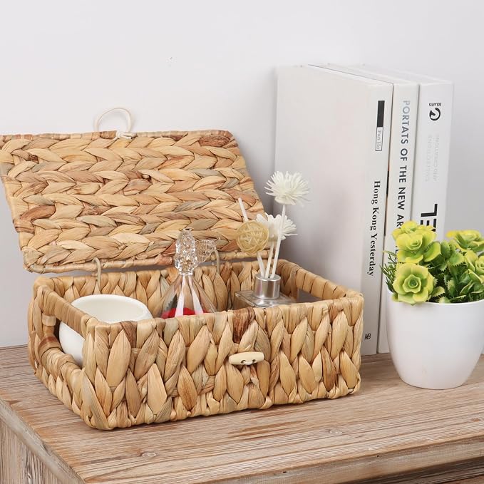 Moosky Wicker Shelf Baskets with Lid, Rectangular Storage Basket Bins with Handles Handwoven Home Desk Organizer Decor Boxes (Natural, X-Small)