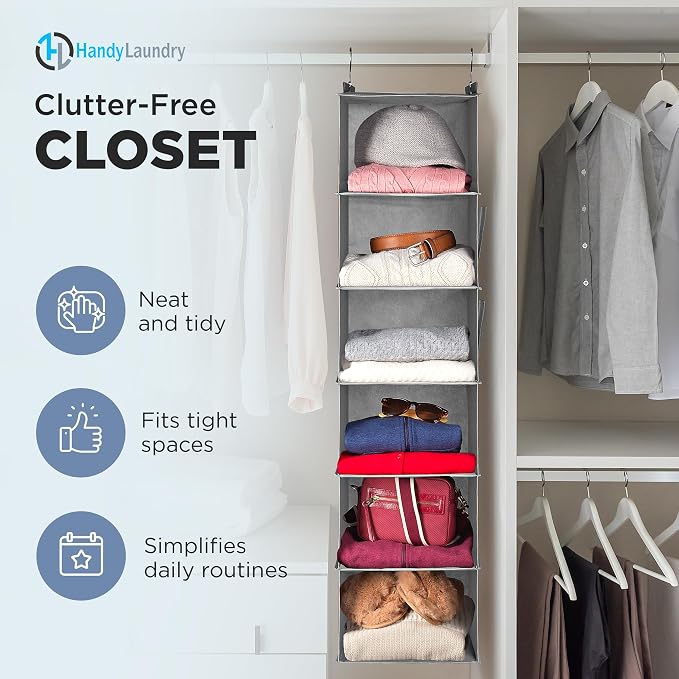 Hanging Closet Organizer - 6 Shelf Storage for Clothes, Sweaters, Shoes & Accessories - Space-Saving Wardrobe Shelves with Hooks for Dorm, RV & Small Closet Organization (Grey) (Pack of 2)