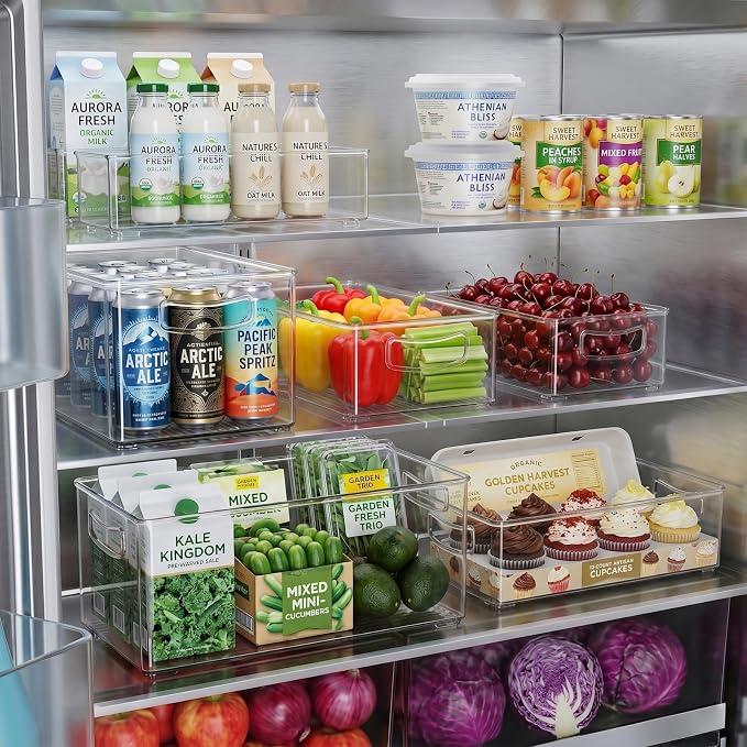 Heyuzb 2 Pack Clear Freezer Organizer Bins Stackable Storage Bins with Side Handles for Kitchen Pantry Cabinet Organzation and Storage