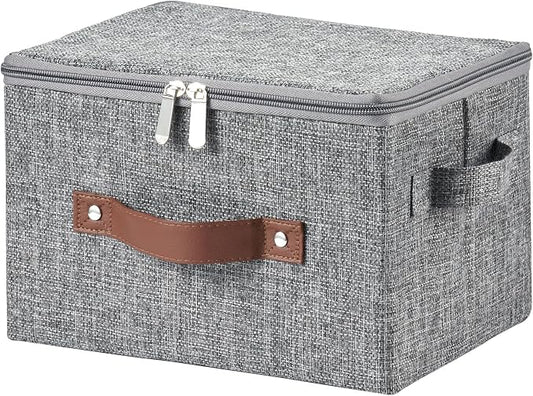 Storage Bins with Zipper Lid Cotton Linen Fabric Lidded Storage Baskets Boxes Foldable Washable Closet Shelf Clothes Organizer Container with PU Leather Handles (Gray, Small Size)