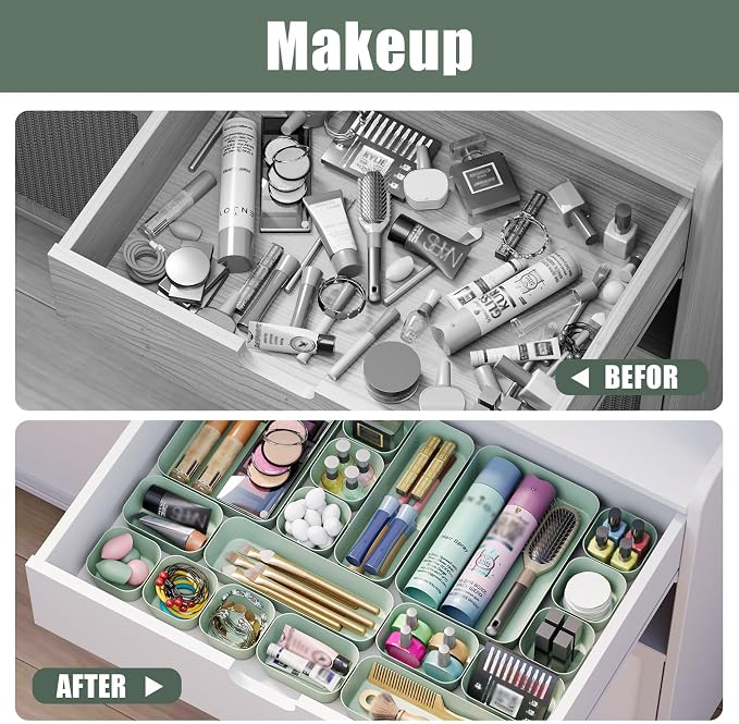 Drawer Organizers Bins 18 PCS for Bathroom Makeup Desk Office | with Non-slip Pads, 4 Sizes, Plastic Tray, Vanity Organizer, Kitchen Utensils Organizer