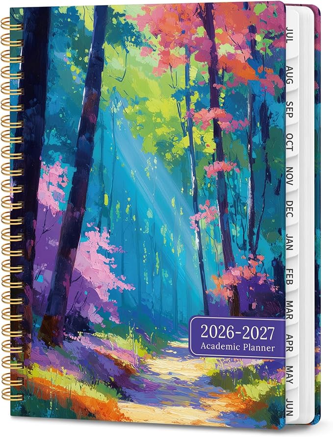 Planner 2026-2027, Hardcover Monthly and Weekly Academic Planner July 2026 - June 2027, Teacher and Student Calendar Agenda Book with Tabs, A5 (6.3" x 8.5"), Ideal for School and Office, Floral Planner, Chromatic Woods