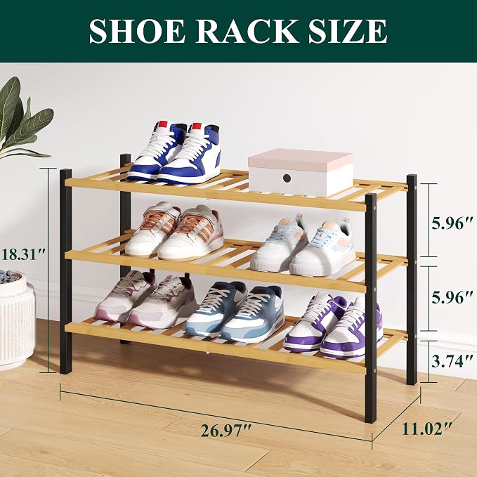 Smiry Bamboo Shoe Rack for Closet, 3 Tier Wooden Shoe Organizer, Stackable Wood Shoe Storage Shelf for Entryway, 14 Vertical Slats, One-piece Heavy-Duty Legs, 26.77"x11.02"x18.31", Natural & Black