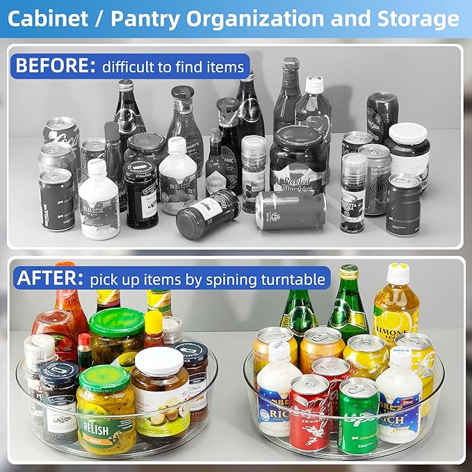 6 Pack Lazy Susan 11.5" Inch Turntable Organizer Organization Storage Container Bins Spice Rack Cabinet Rotating Condiment for Pantry Countertop Kitchen Vanity Bathroom Jewelry Holder Clear