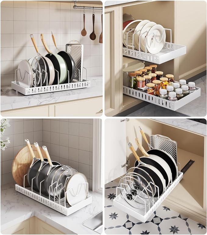 Lozovin Pull Out Pots and Pans Organizer Under Cabinet, Sliding Lid Holder and Pan Rack in Kitchen, Slide Out inside Cabinet Storage for Pot Lid, Bakeware, Dishes, 8 Adjustable Dividers, 1 Pack White