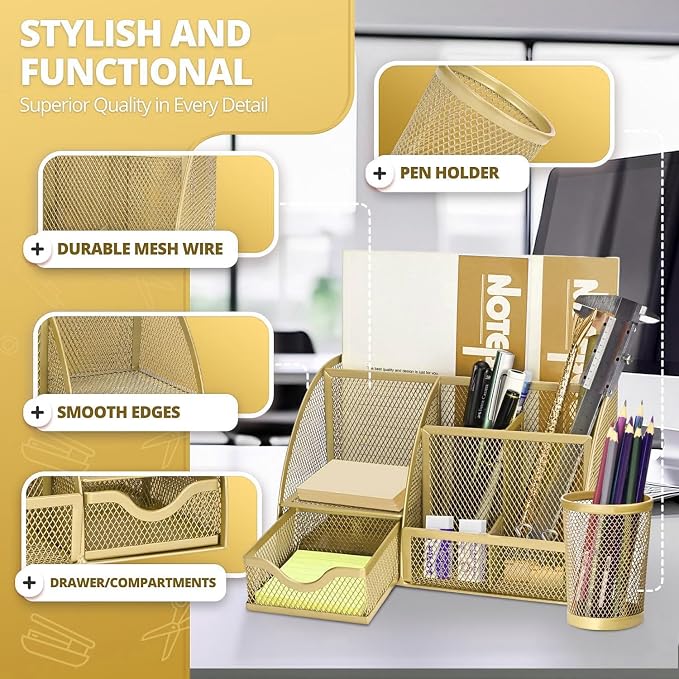 Flexzion Metal Mesh Desk Organizer with Drawer, 6 Compartments, Rose Gold | Compact desktop caddy with separate pen holder; 8.7 x 5.5 x 5 in for office supplies, home study, or dorm use
