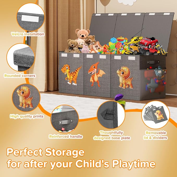 Extra Large Toy Box Chest, Collapsible Sturdy Toy Storage Organizer Boxes Bins Baskets Dinosaur Kids Toy Chest Bin with Lids for Boys Girls Living Room Playroom Bedroom Nursery 41"x14"x16" Gray