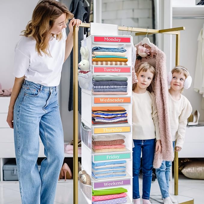 Fixwal Weekly Kids Clothes Organizer 6-Shelf Hanging Closet Storage White