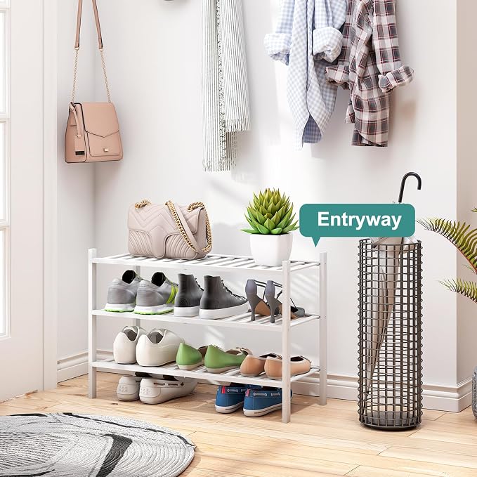 viewcare White Shoe Rack, 3-Tier Bamboo Wood Shoe Rack for Closet, Entryway & Hallway, and Stackable Shoe Shelf Storage Organizer for Indoor and Outdoor