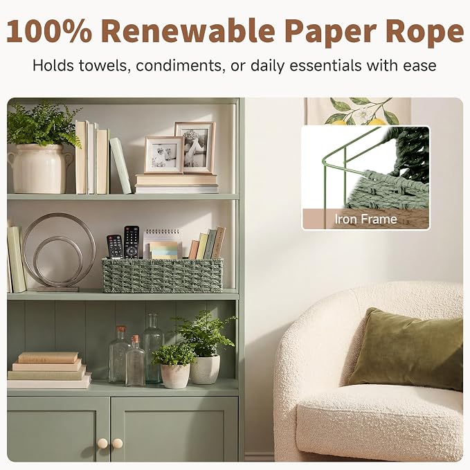 StorageWorks Small Wicker Toilet Basket Tank Topper with Built-in Handles, Toilet Paper Baskets for Back of Tank, Paper Rope Bathroom Basket Organizer and Storage for Sage Green Bathroom Decor, Green