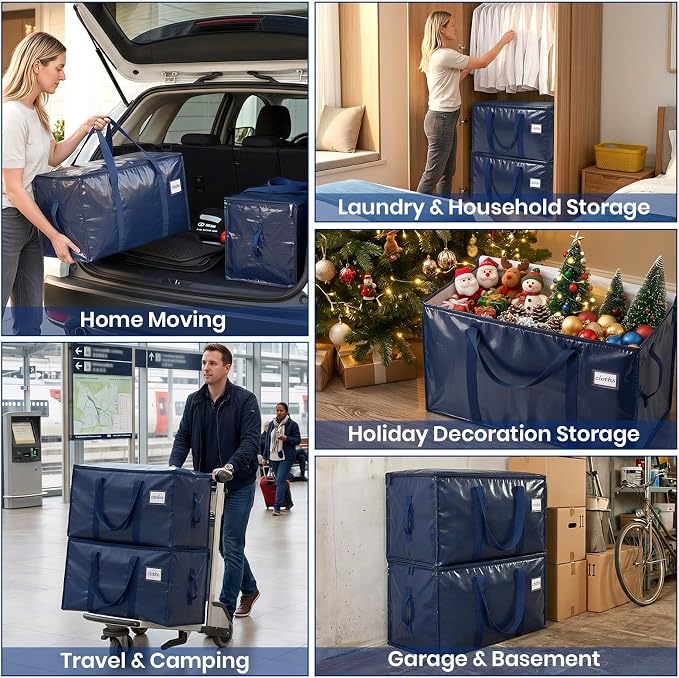 Velway Pack of 2 95L Storage Bags, Heavy-Duty Christmas Warehouse, Blue, Moving Boxes, Large, Foldable with Zip Handle, Waterproof Storage Bag for Moving Bedding, Clothing, Storage