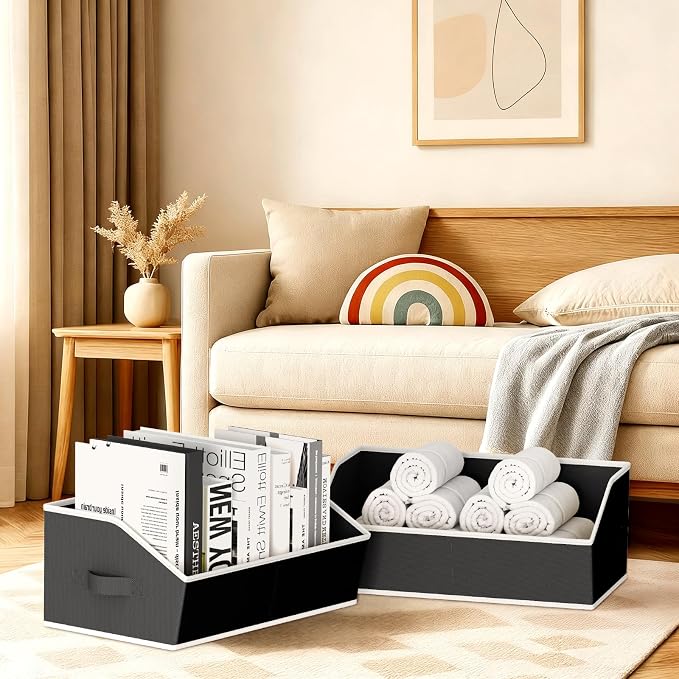 Homsorout Storage Bins for Shelves - Large Trapezoid Closet Shelf Organizer, Fabric Organization Bins with Handles, Storage Baskets for Clothes, Towel, Blanket, 4 Pack, Black